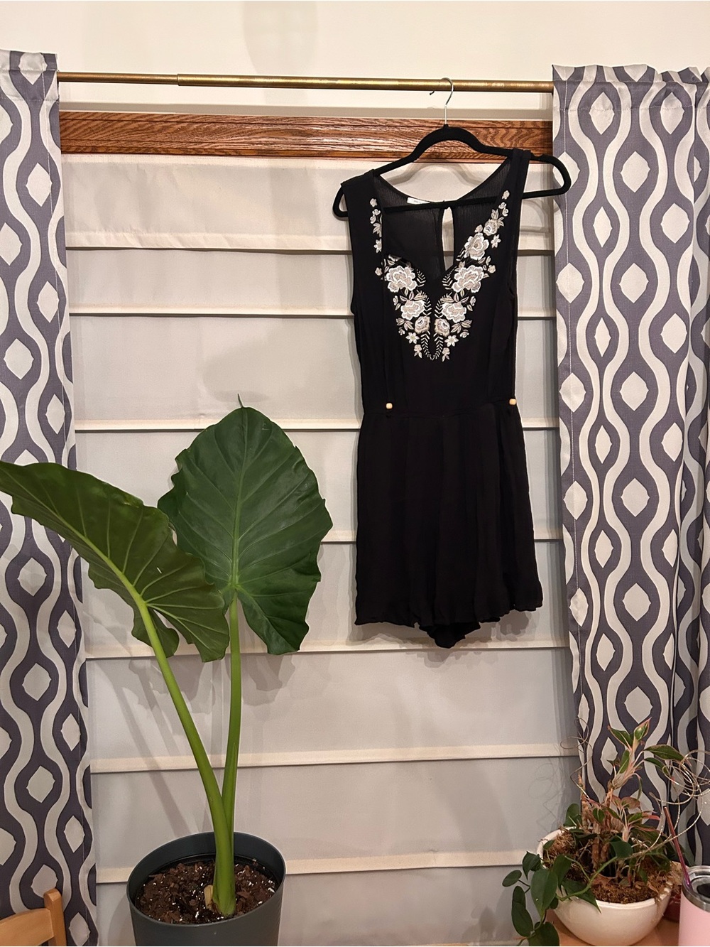 Maurices Black Romper with White Floral Embroidery